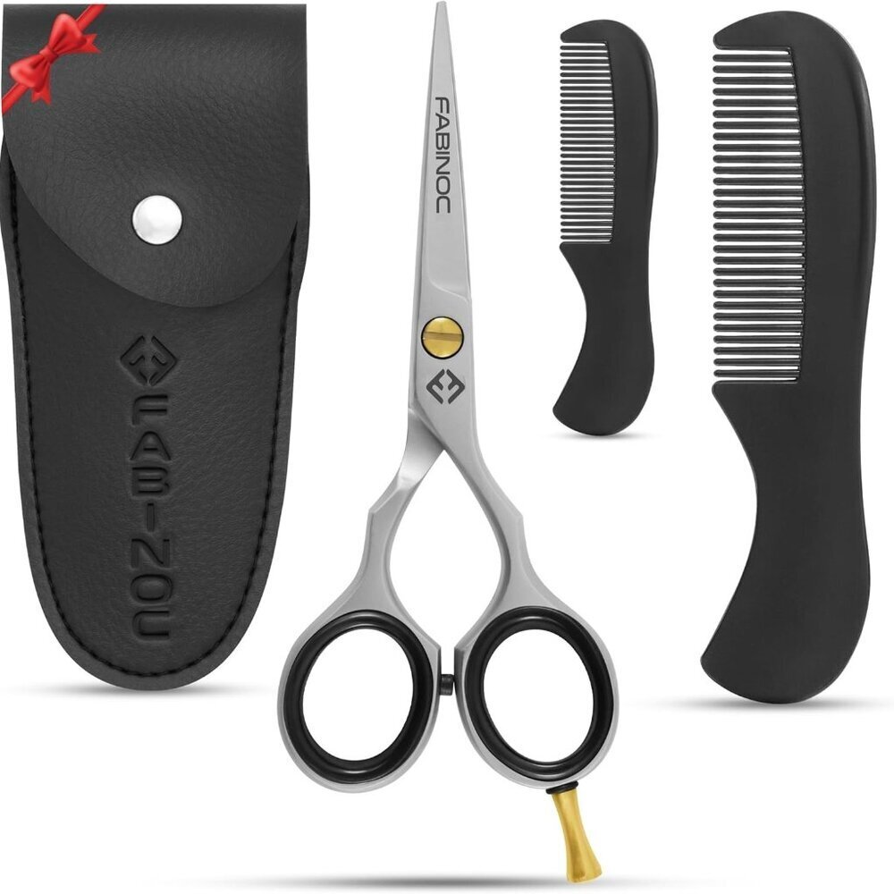 Men’s Beard Grooming Kit – 5" Scissors with 2 Combs & Pouch Gift Set